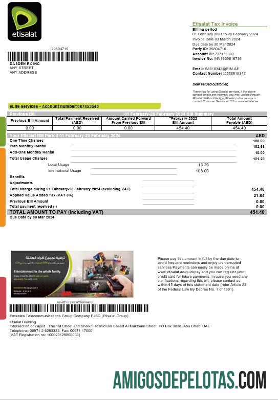 realista Modelo de conta de serviços públicos Etisalat dos Emirados Árabes Unidos em formatos Word e PDF